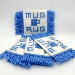 Vintage Mug Rug Coaster Set Of‎ 4 Blue Rectangle Yarn Fringed Coffee Mug Cup
